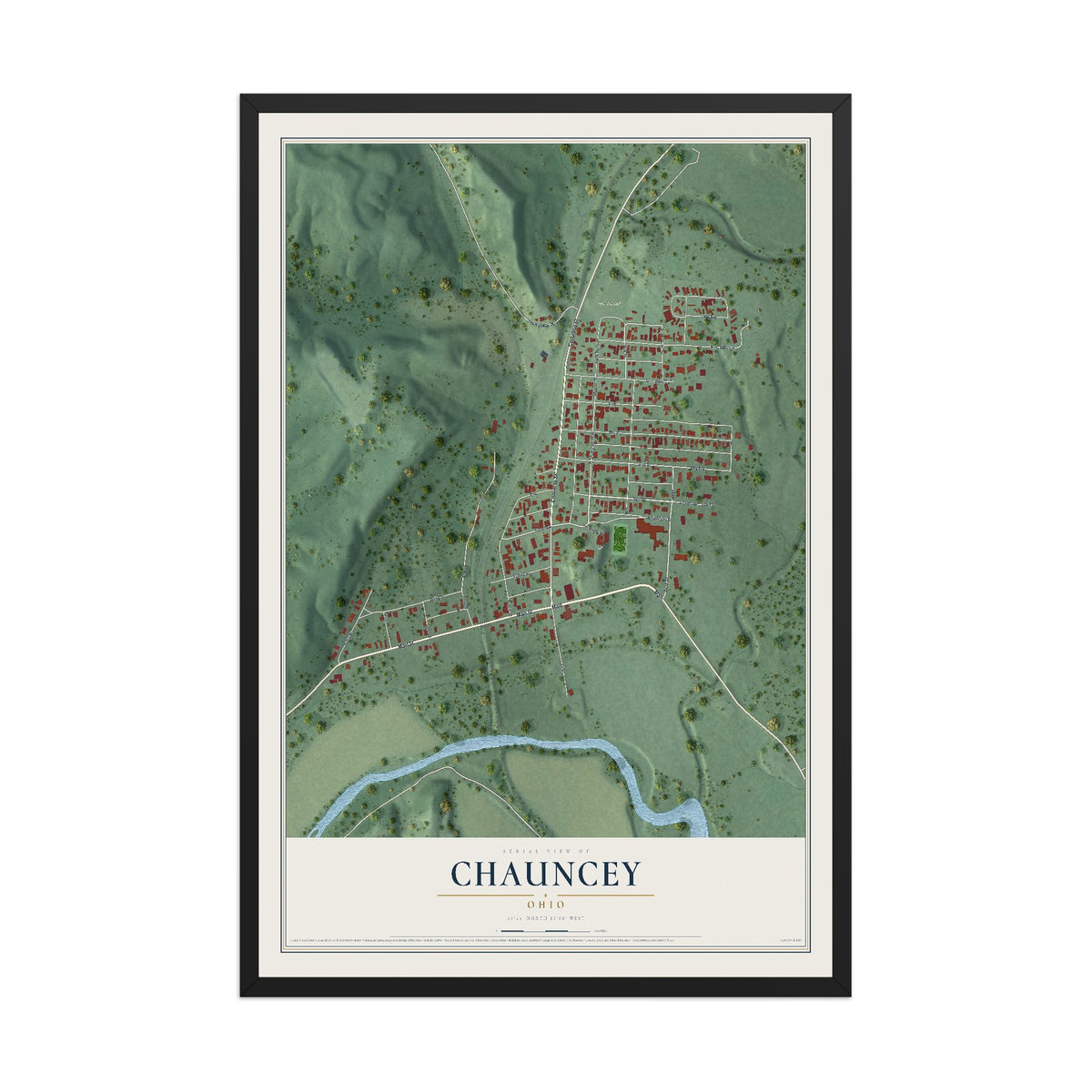 Map of Chauncey, Ohio, 12 x 18 inch print in a black wood frame