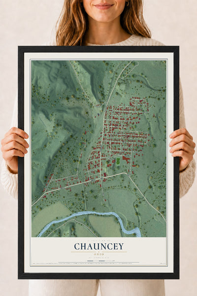 Map of Chauncey, Ohio, 18 x 24 inch print in a black wood frame