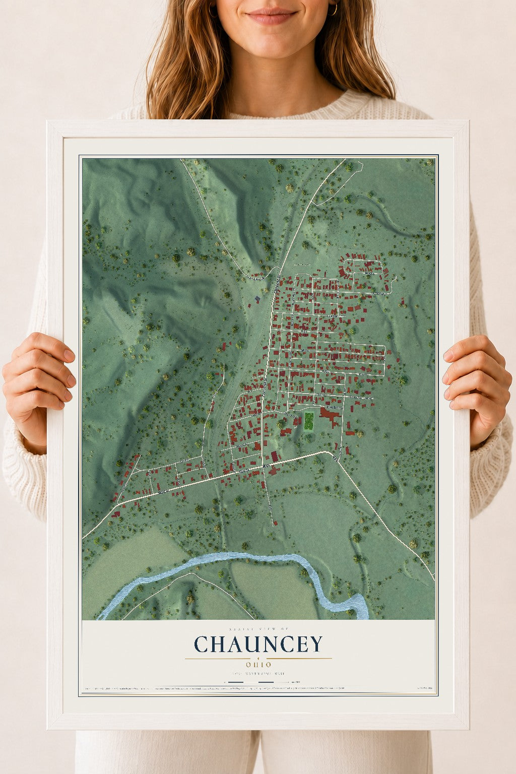 Map of Chauncey, Ohio, 18 x 24 inch print in a white wood frame