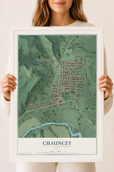 Map of Chauncey, Ohio, 18 x 24 inch print in a white wood frame