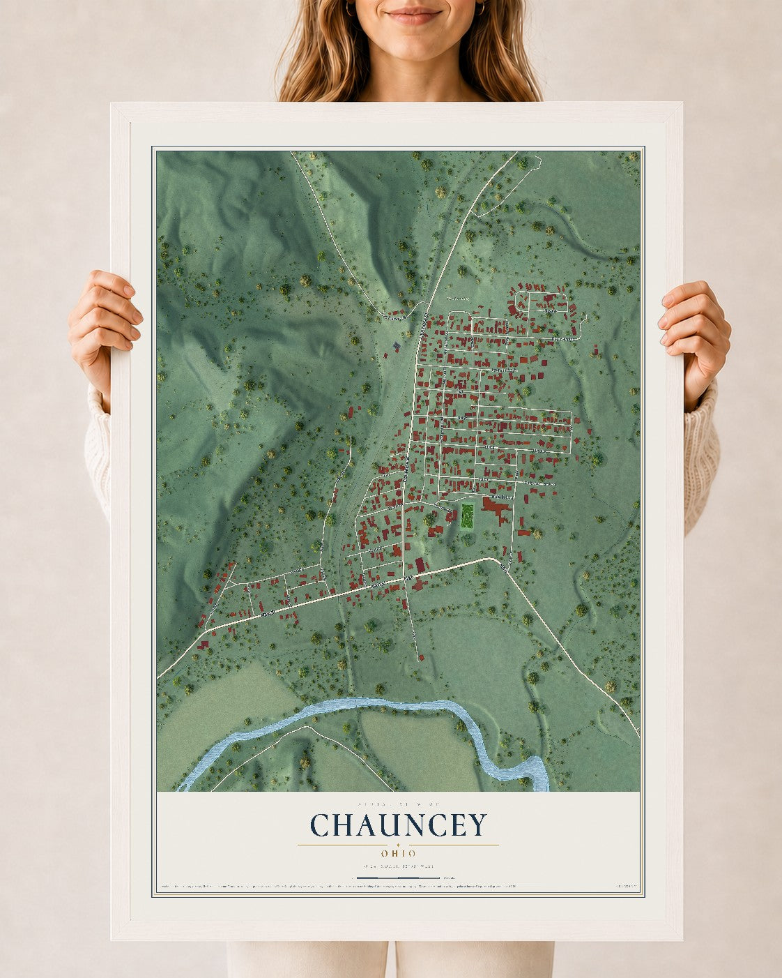 Map of Chauncey, Ohio, 24 x 36 inch print in a white wood frame