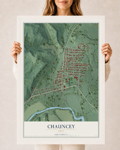 Map of Chauncey, Ohio, 24 x 36 inch print in a white wood frame