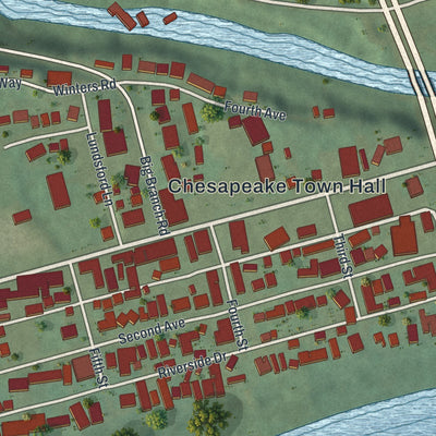 Close-up of the map of Chesapeake, Ohio print showing street and building detail