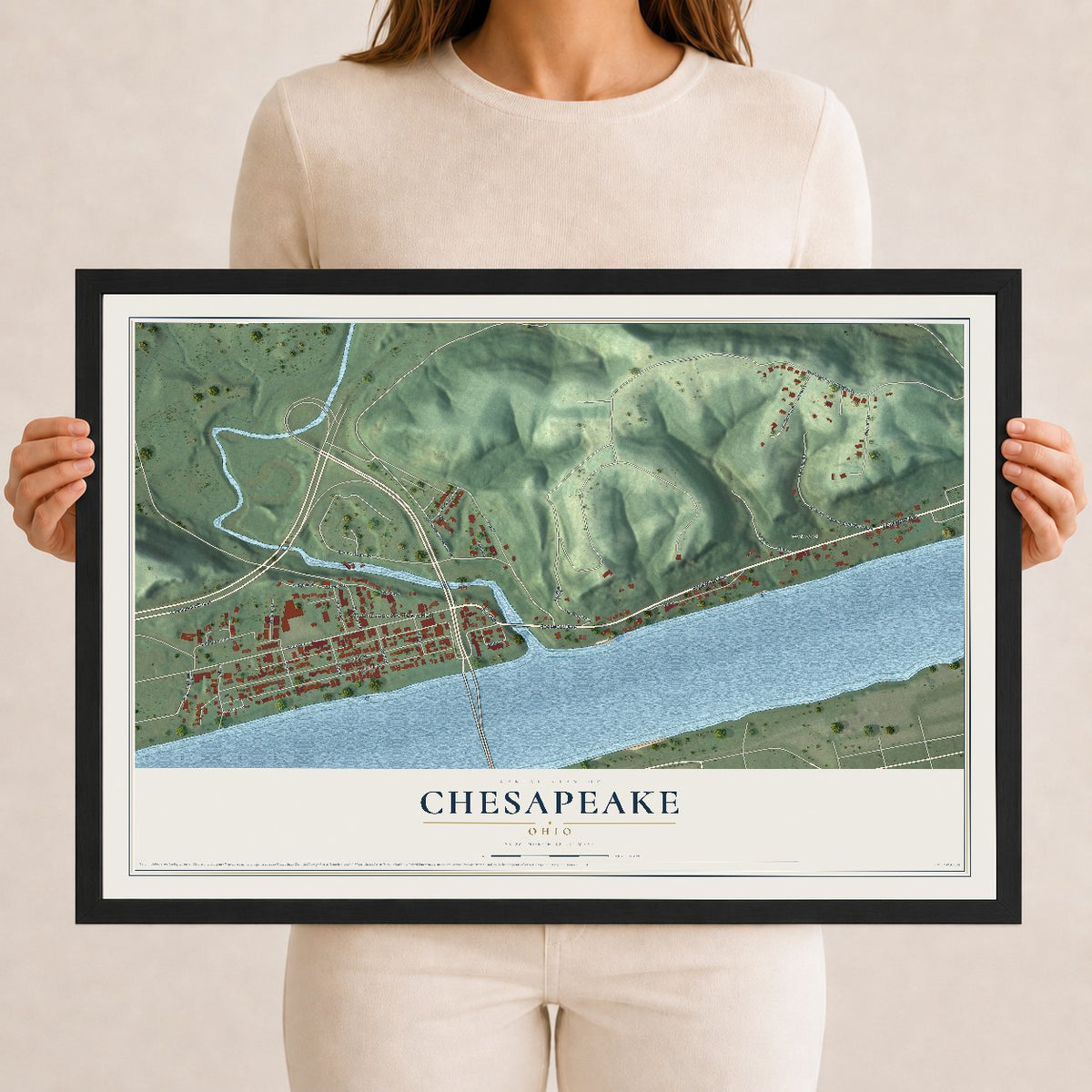 Map of Chesapeake, Ohio, 12 x 18 inch print in a black wood frame