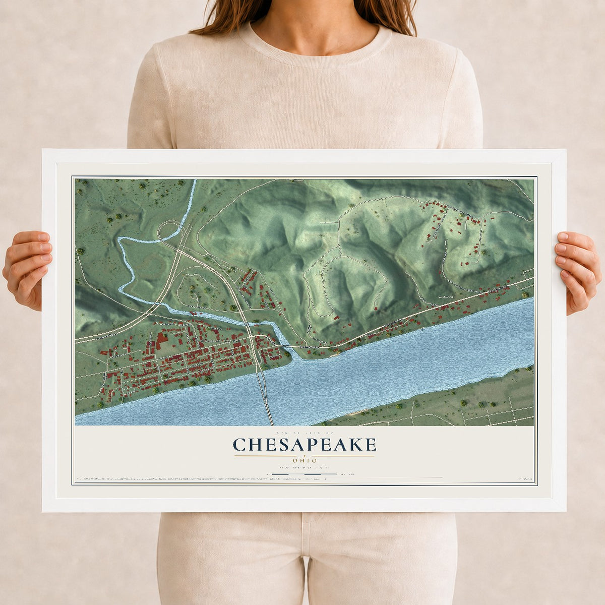 Map of Chesapeake, Ohio, 12 x 18 inch print in a white wood frame