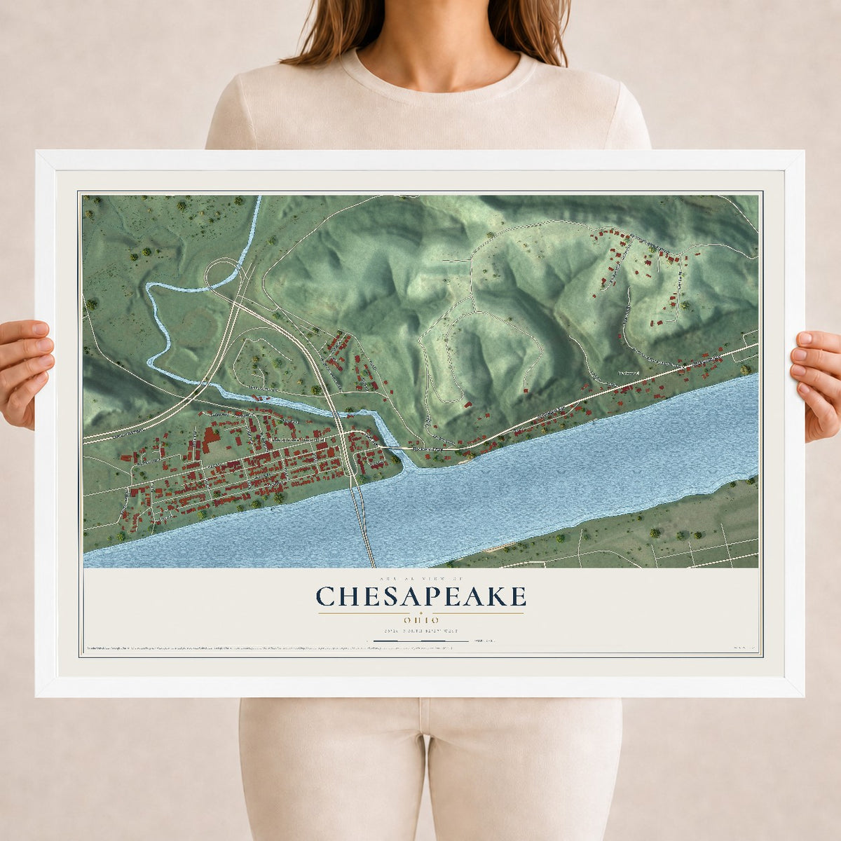 Map of Chesapeake, Ohio, 18 x 24 inch print in a white wood frame