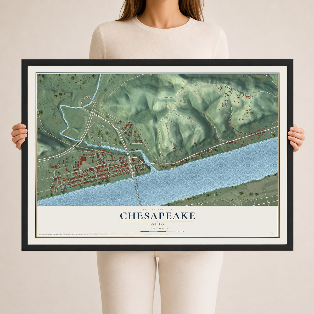 Map of Chesapeake, Ohio, 24 x 36 inch print in a black wood frame