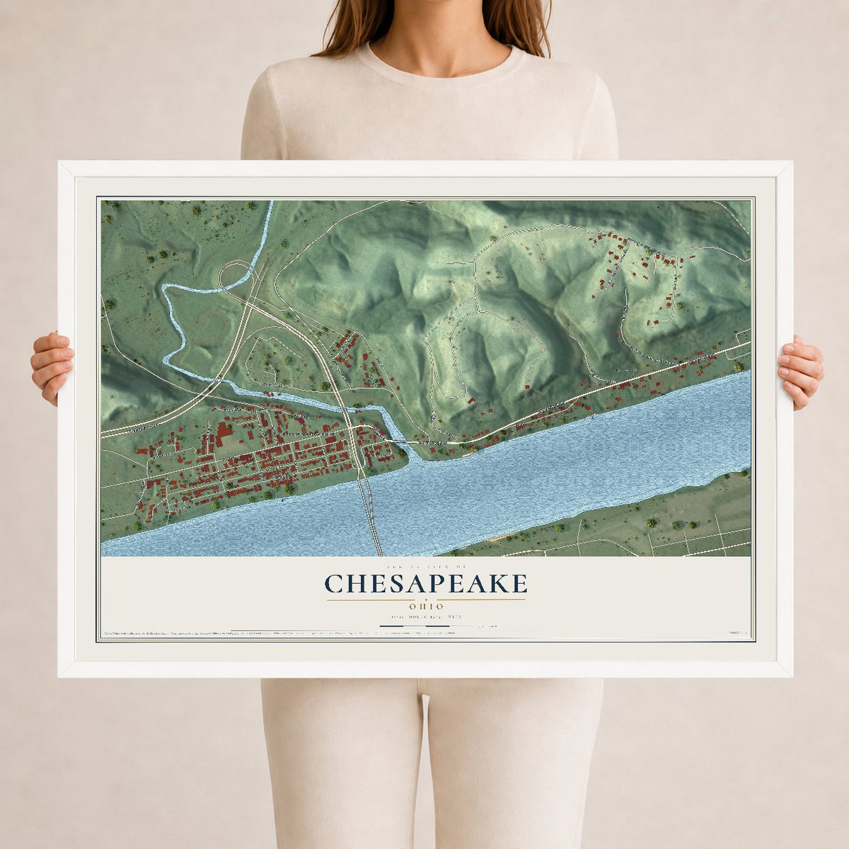 Map of Chesapeake, Ohio, 24 x 36 inch print in a white wood frame