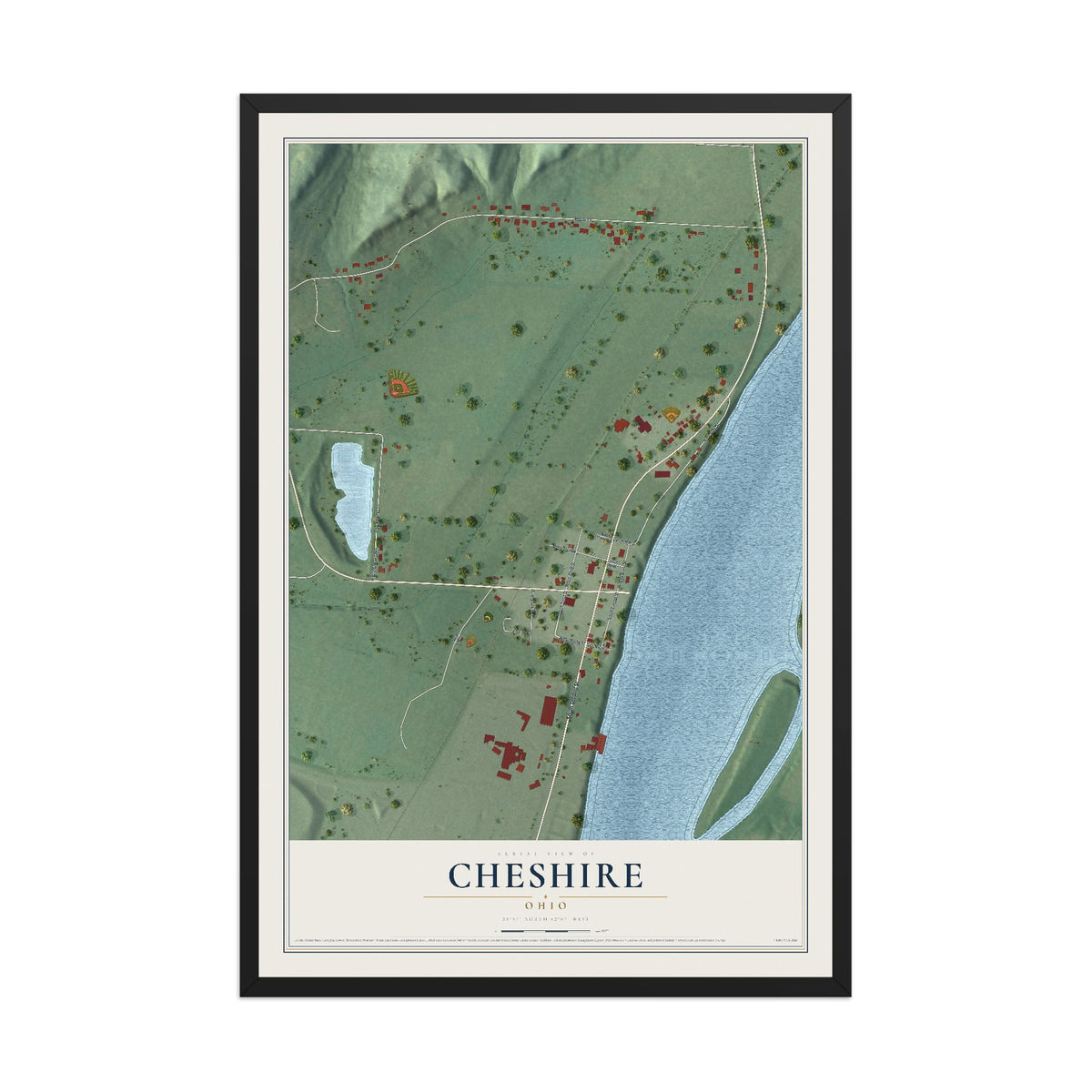 Map of Cheshire, Ohio, 12 x 18 inch print in a black wood frame