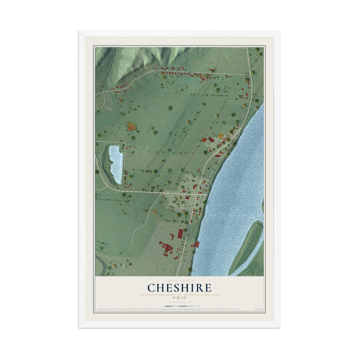 Map of Cheshire, Ohio, 12 x 18 inch print in a white wood frame