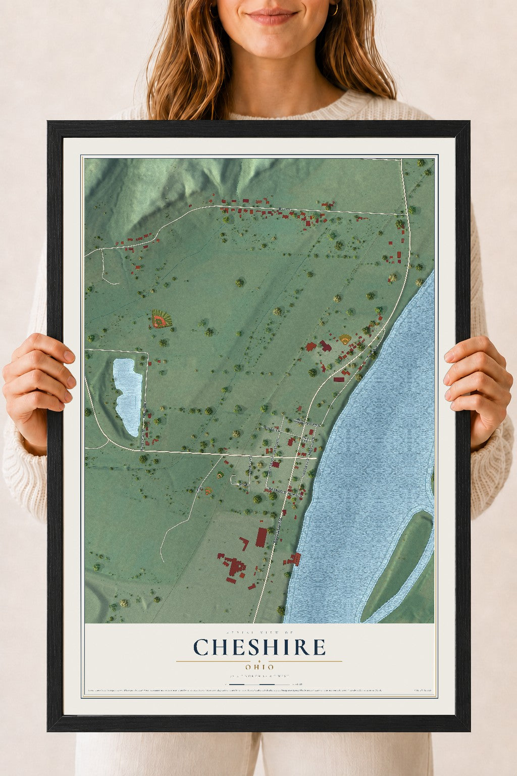 Map of Cheshire, Ohio, 18 x 24 inch print in a black wood frame