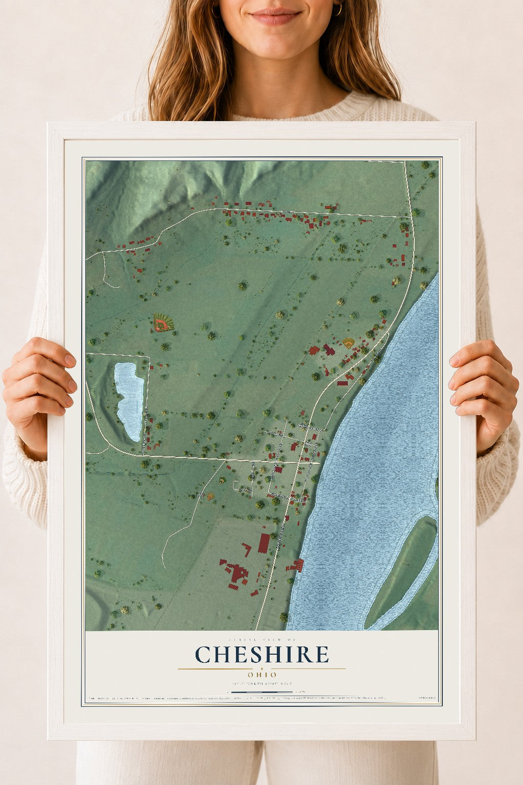 Map of Cheshire, Ohio, 18 x 24 inch print in a white wood frame