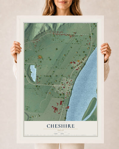 Map of Cheshire, Ohio, 24 x 36 inch print in a white wood frame