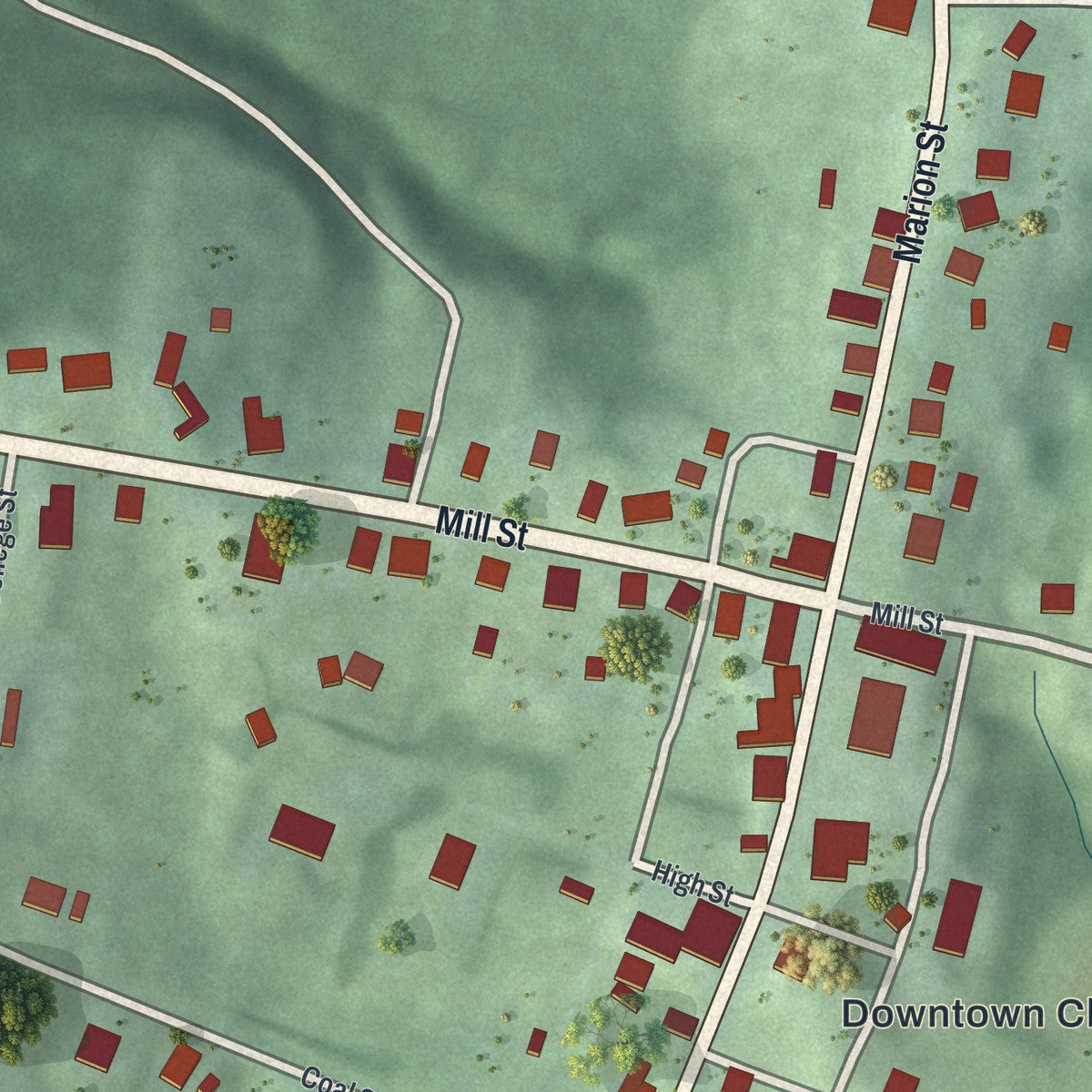 Close-up of the map of Chesterhill, Ohio print showing street and building detail