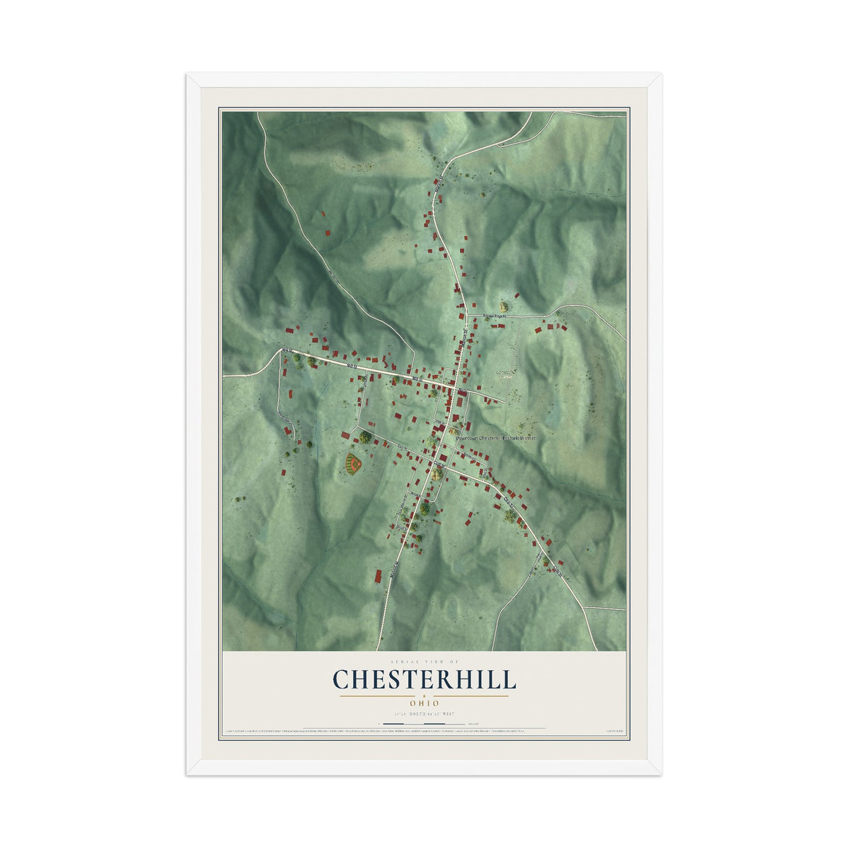 Map of Chesterhill, Ohio, 12 x 18 inch print in a white wood frame