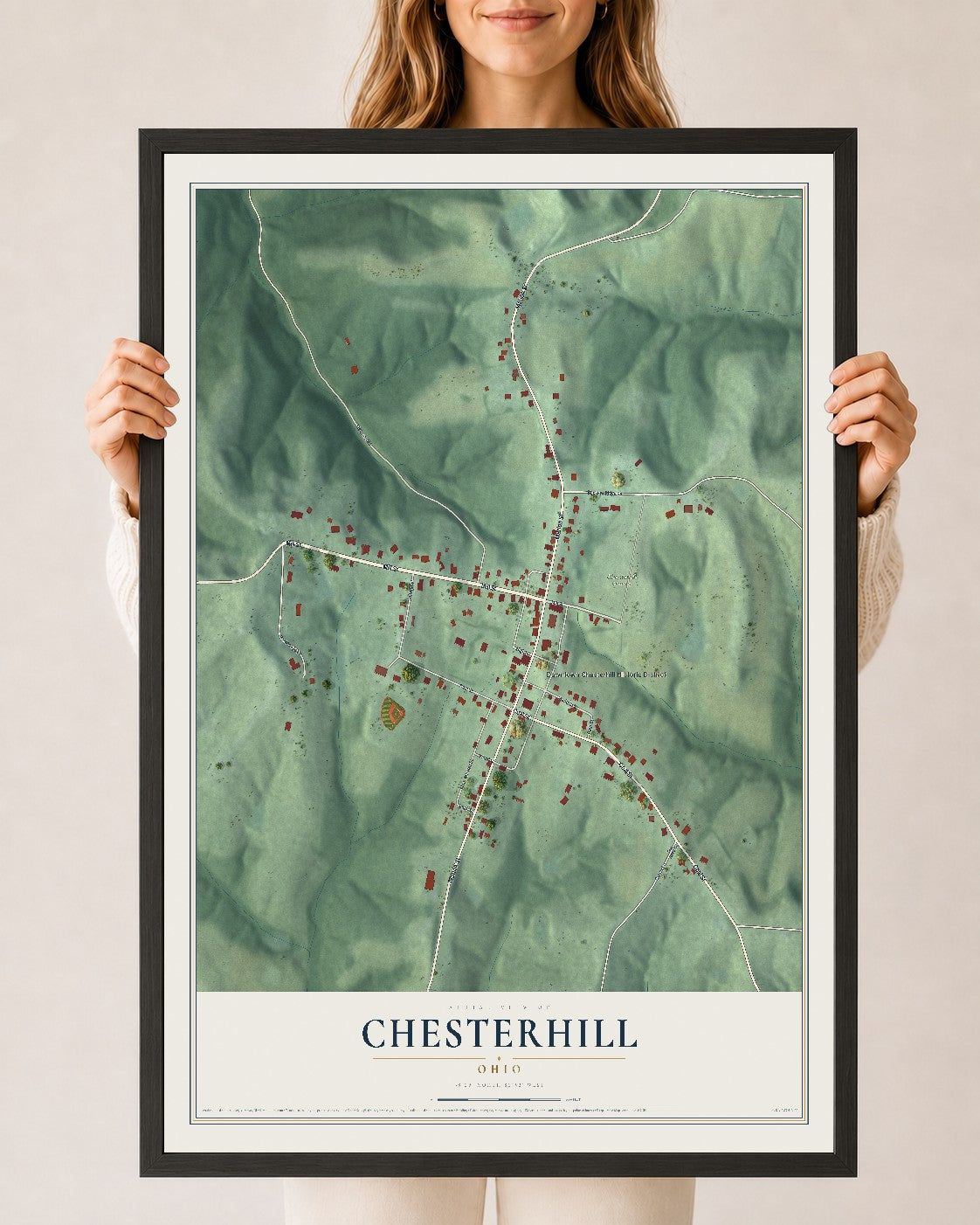 Map of Chesterhill, Ohio, 24 x 36 inch print in a black wood frame