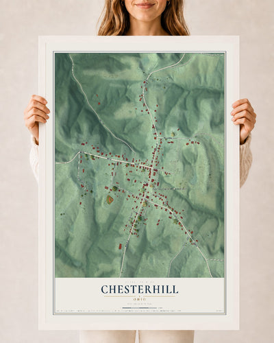 Map of Chesterhill, Ohio, 24 x 36 inch print in a white wood frame