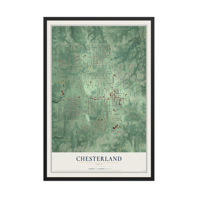 Map of Chesterland, Ohio, 12 x 18 inch print in a black wood frame