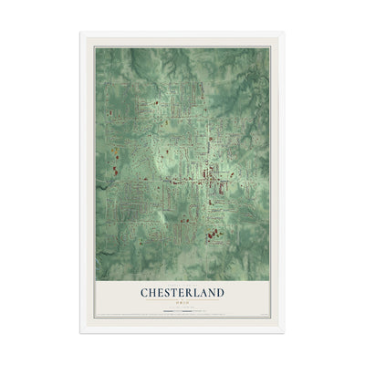 Map of Chesterland, Ohio, 12 x 18 inch print in a white wood frame