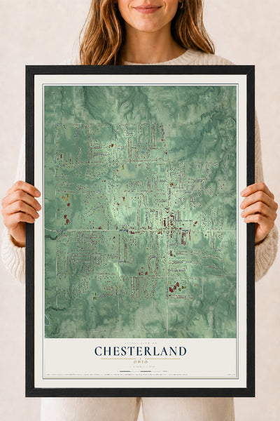 Map of Chesterland, Ohio, 18 x 24 inch print in a black wood frame