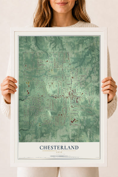 Map of Chesterland, Ohio, 18 x 24 inch print in a white wood frame