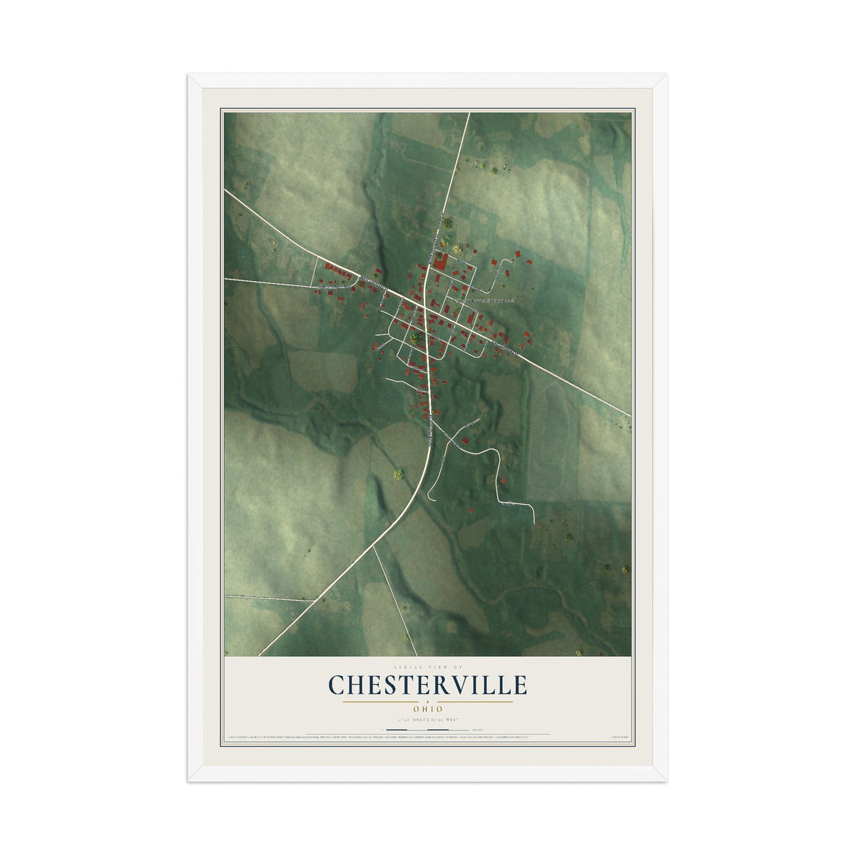 Map of Chesterville, Ohio, 12 x 18 inch print in a white wood frame