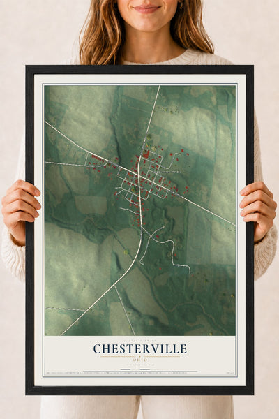 Map of Chesterville, Ohio, 18 x 24 inch print in a black wood frame