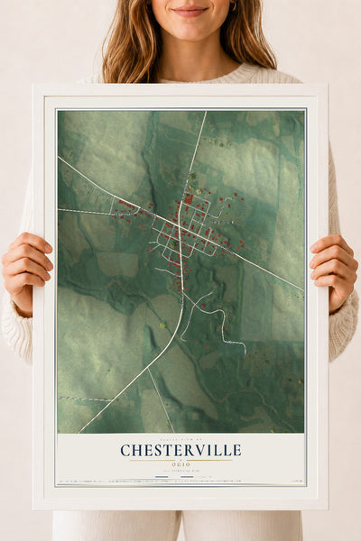 Map of Chesterville, Ohio, 18 x 24 inch print in a white wood frame