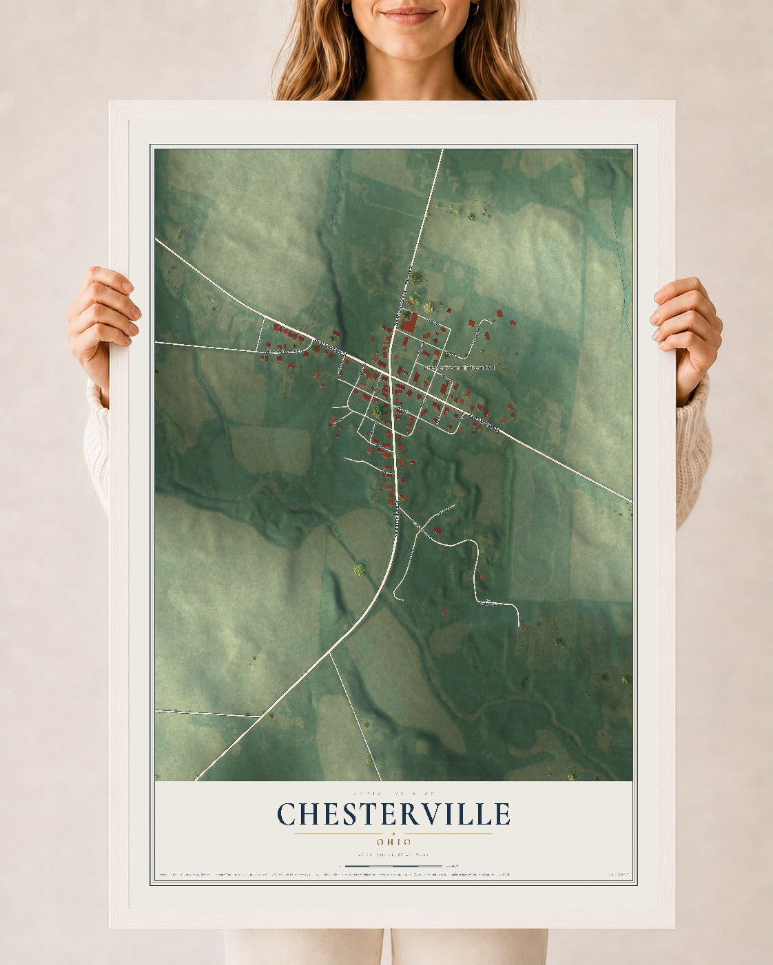Map of Chesterville, Ohio, 24 x 36 inch print in a white wood frame