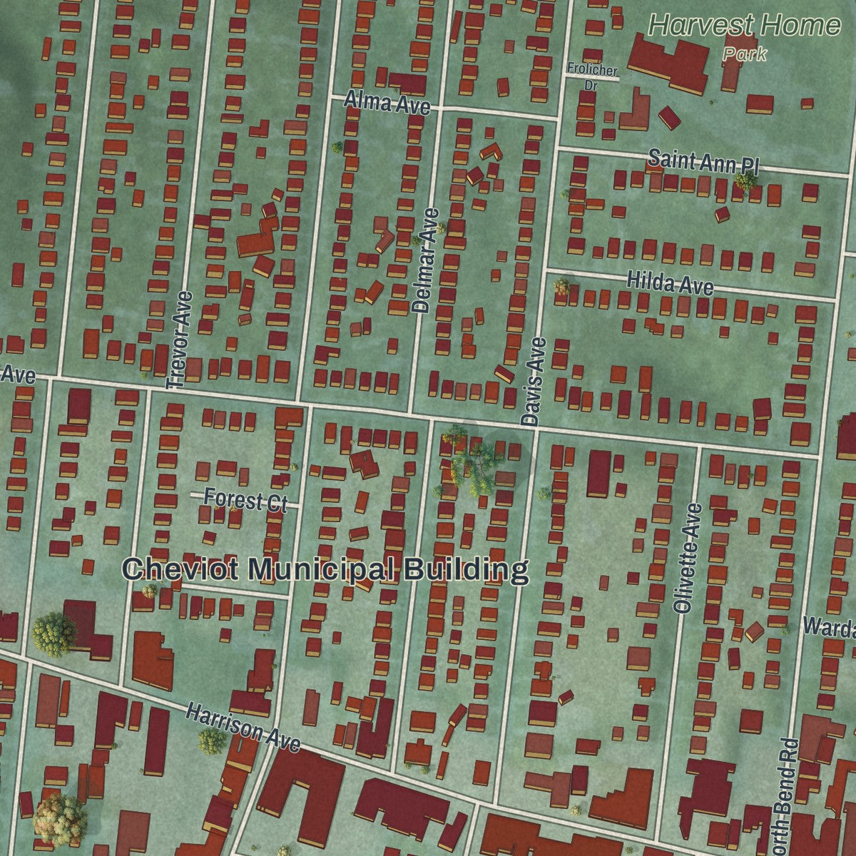 Close-up of the map of Cheviot, Ohio print showing street and building detail