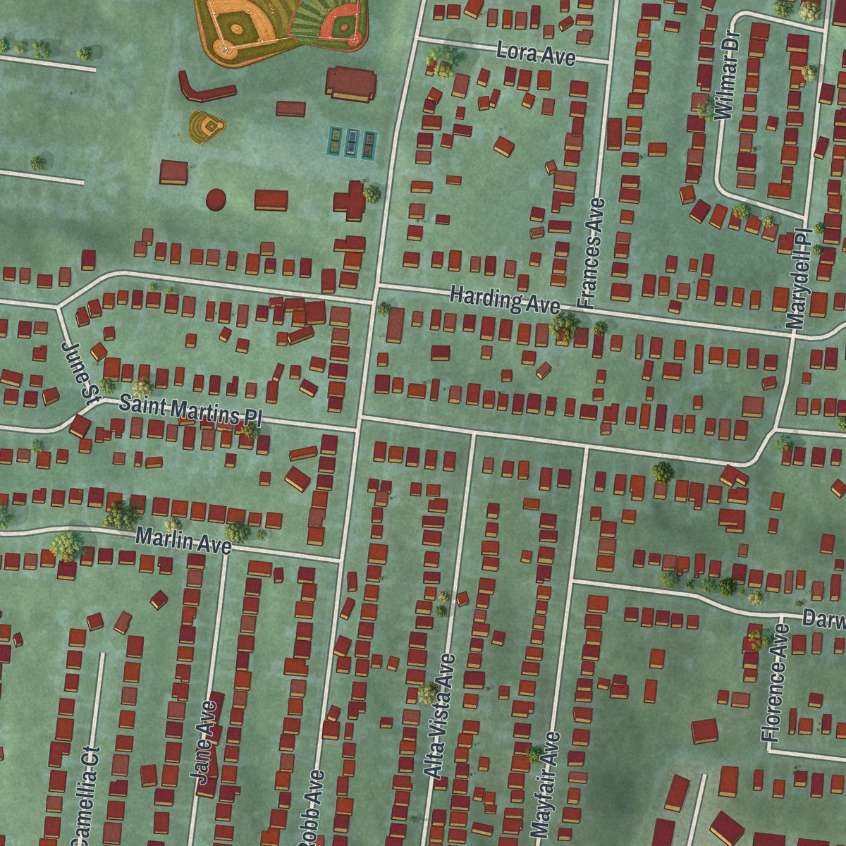 Second close-up of the map of Cheviot, Ohio print showing more streets and buildings