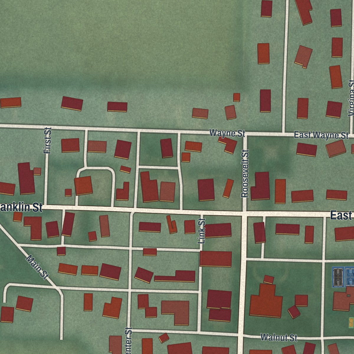 Close-up of the map of Chickasaw, Ohio print showing street and building detail