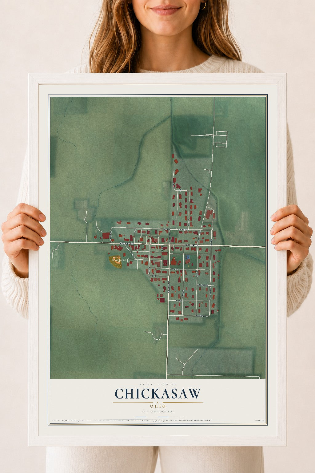 Map of Chickasaw, Ohio, 18 x 24 inch print in a white wood frame