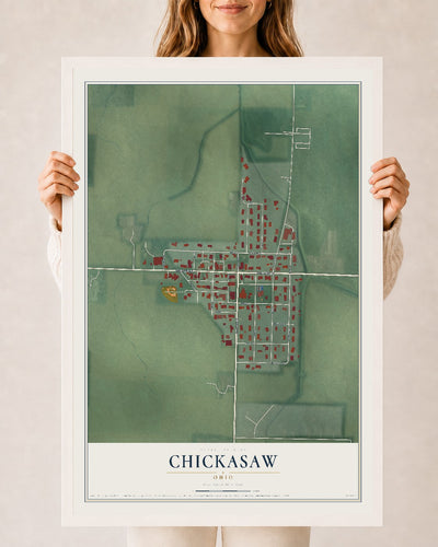 Map of Chickasaw, Ohio, 24 x 36 inch print in a white wood frame