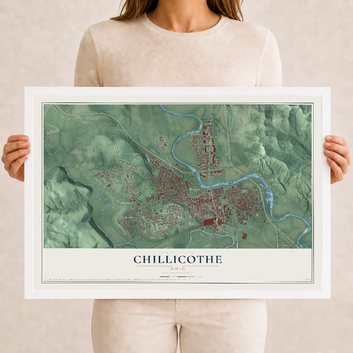 Map of Chillicothe, Ohio, 12 x 18 inch print in a white wood frame
