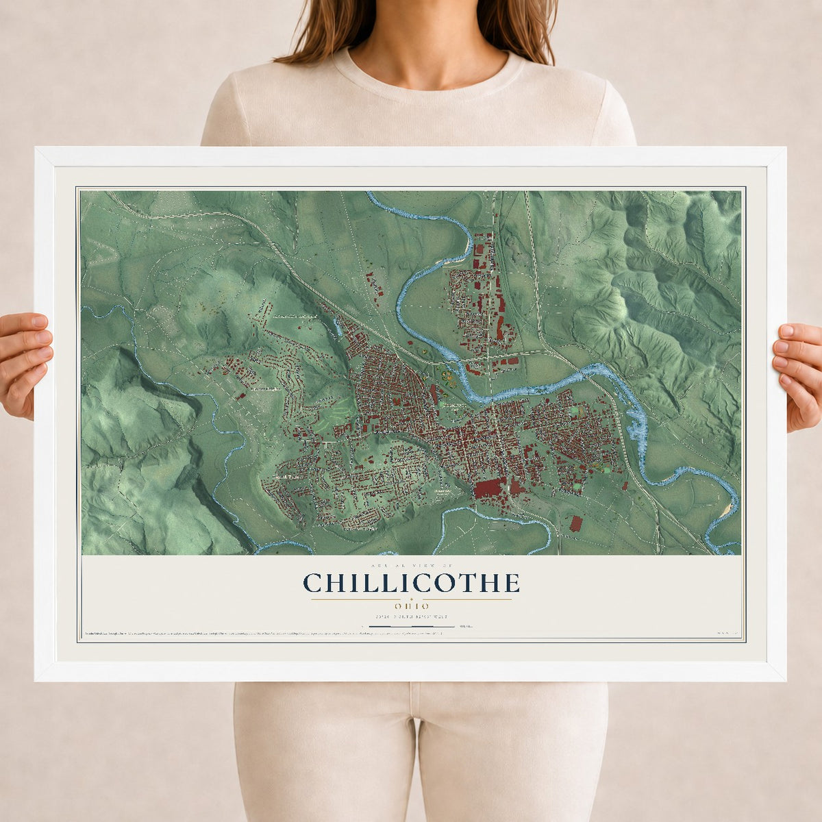 Map of Chillicothe, Ohio, 18 x 24 inch print in a white wood frame