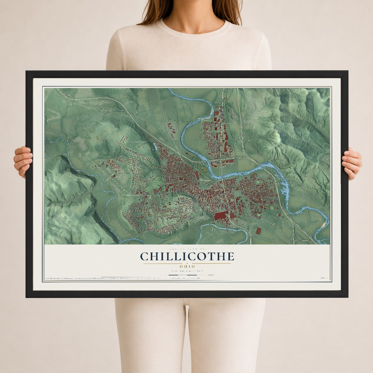 Map of Chillicothe, Ohio, 24 x 36 inch print in a black wood frame