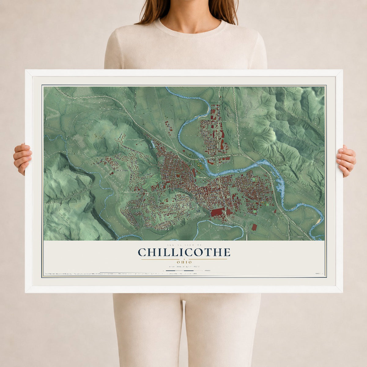 Map of Chillicothe, Ohio, 24 x 36 inch print in a white wood frame