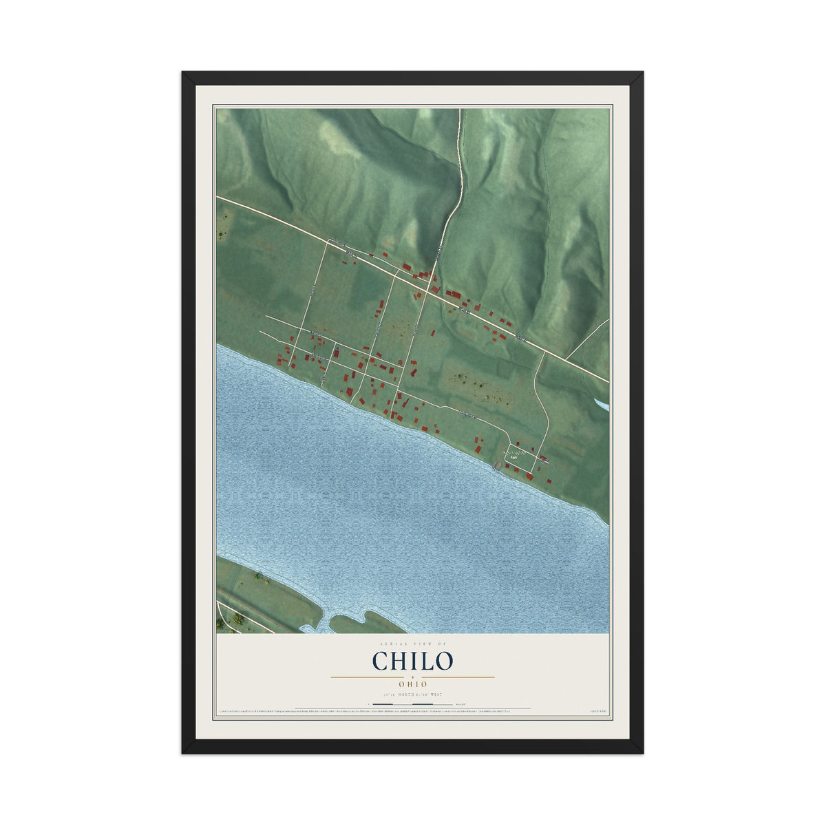 Map of Chilo, Ohio, 12 x 18 inch print in a black wood frame