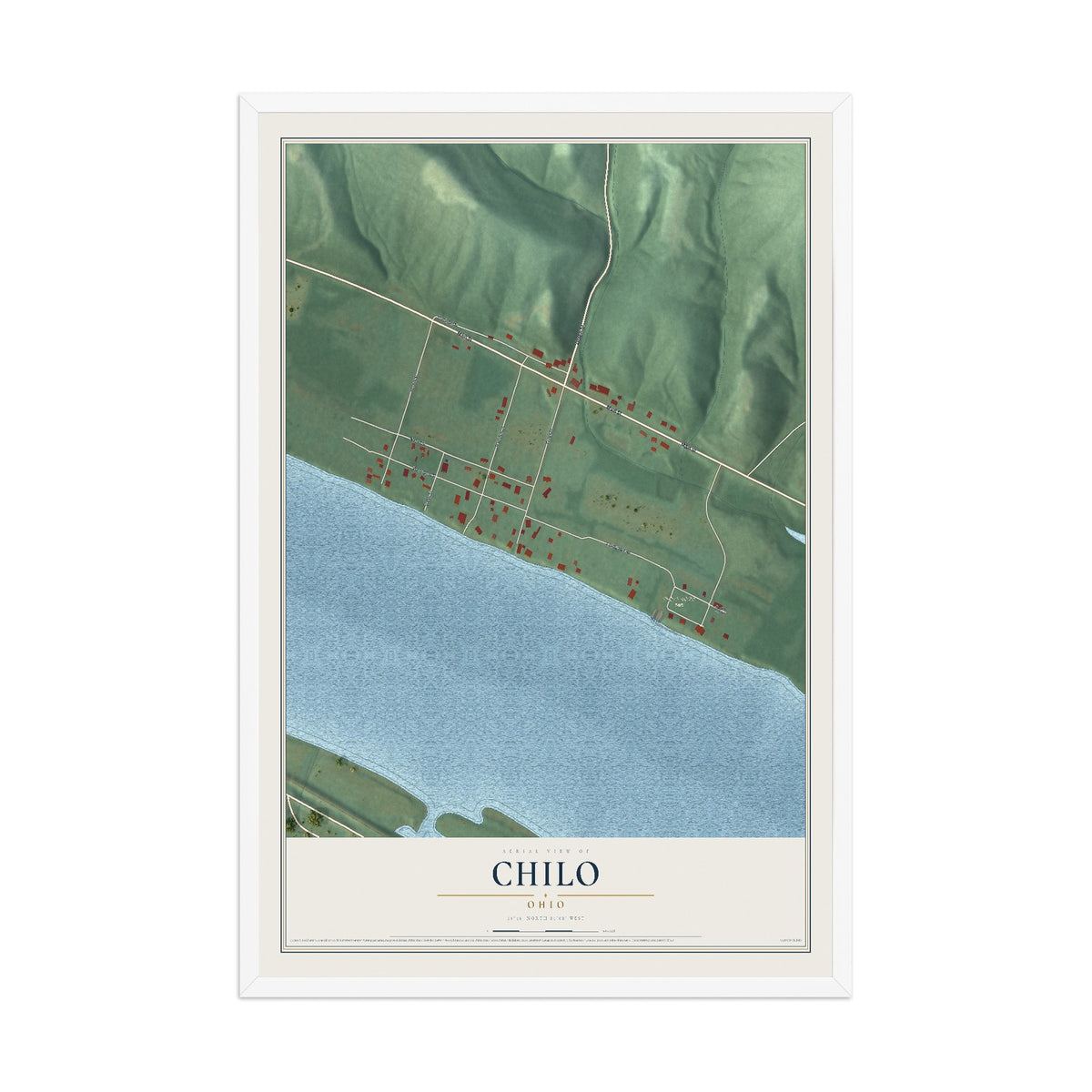 Map of Chilo, Ohio, 12 x 18 inch print in a white wood frame