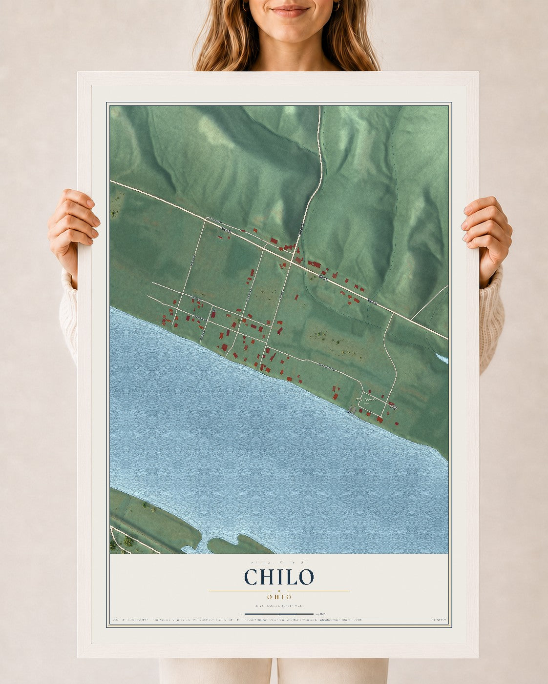 Map of Chilo, Ohio, 24 x 36 inch print in a white wood frame