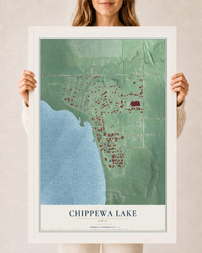 Map of Chippewa Lake, Ohio, 24 x 36 inch print in a white wood frame
