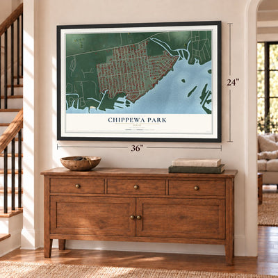 Chippewa Park, Ohio map, 24 x 36 inch print in a black frame above a dresser by a staircase