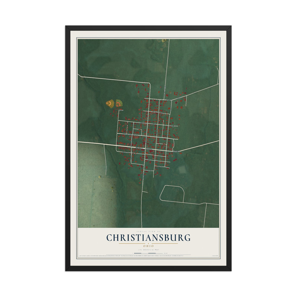Map of Christiansburg, Ohio, 12 x 18 inch print in a black wood frame