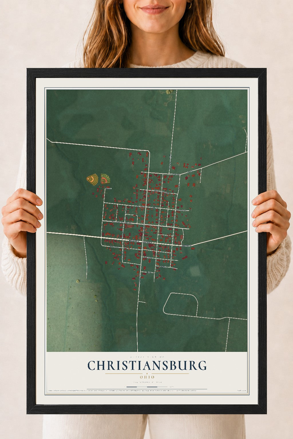 Map of Christiansburg, Ohio, 18 x 24 inch print in a black wood frame