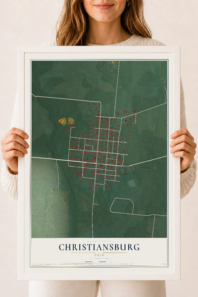 Map of Christiansburg, Ohio, 18 x 24 inch print in a white wood frame