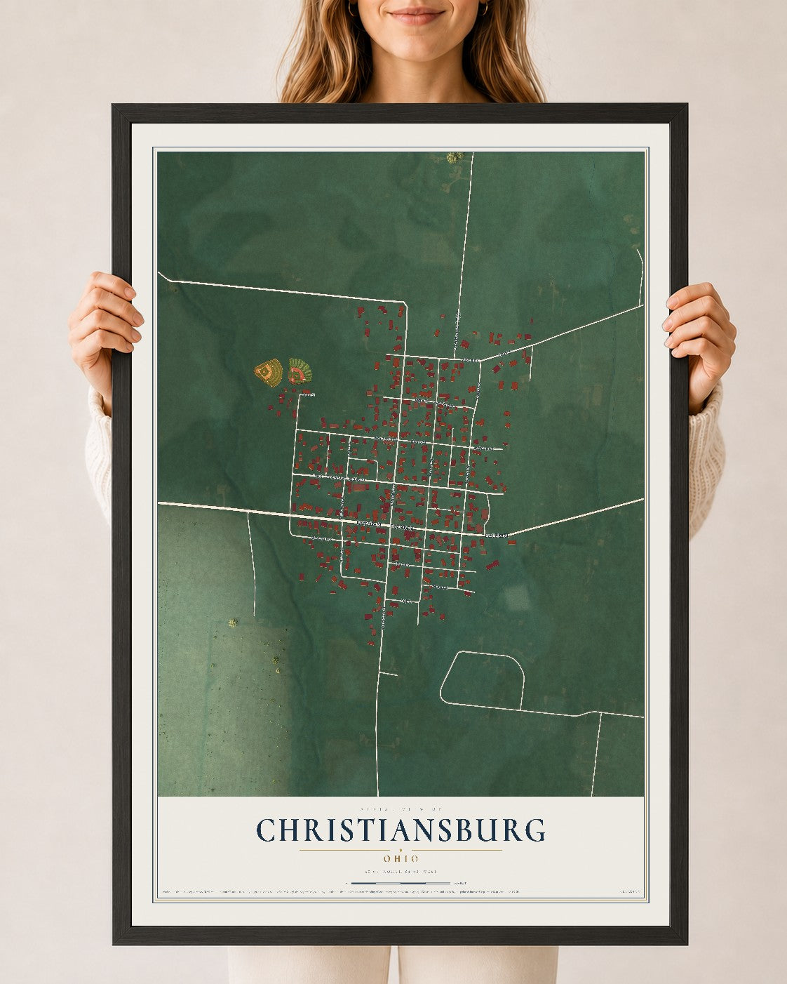 Map of Christiansburg, Ohio, 24 x 36 inch print in a black wood frame