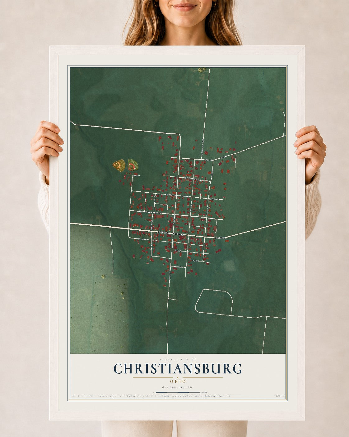 Map of Christiansburg, Ohio, 24 x 36 inch print in a white wood frame