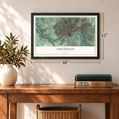 Cincinnati, Ohio Print map, 12 x 18 inch print in a black frame in an entryway