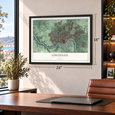 Cincinnati, Ohio Print map, 18 x 24 inch print in a black frame in a home office